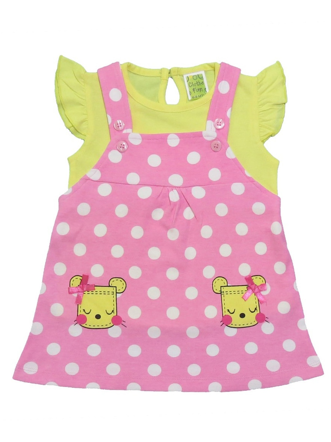 

Clothe Funn Girls Polka Dots Printed Cotton Pinafore Dress With Top, Pink