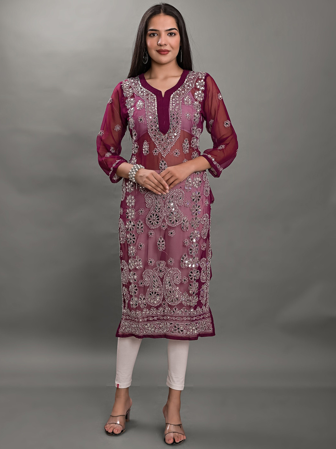 

Apratim Maroon & White Ethnic Motifs Embroidered Mirror Work Chikankari Georgette Kurta
