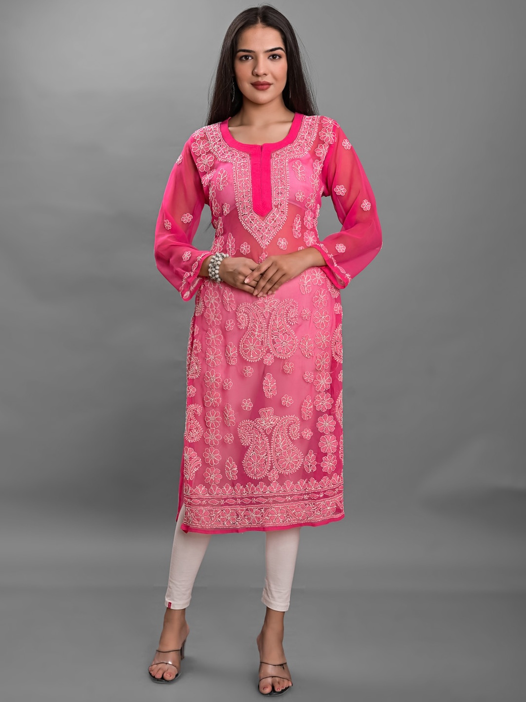 

Apratim Ethnic Motifs Chikankari Embroidered Georgette Kurta, Pink