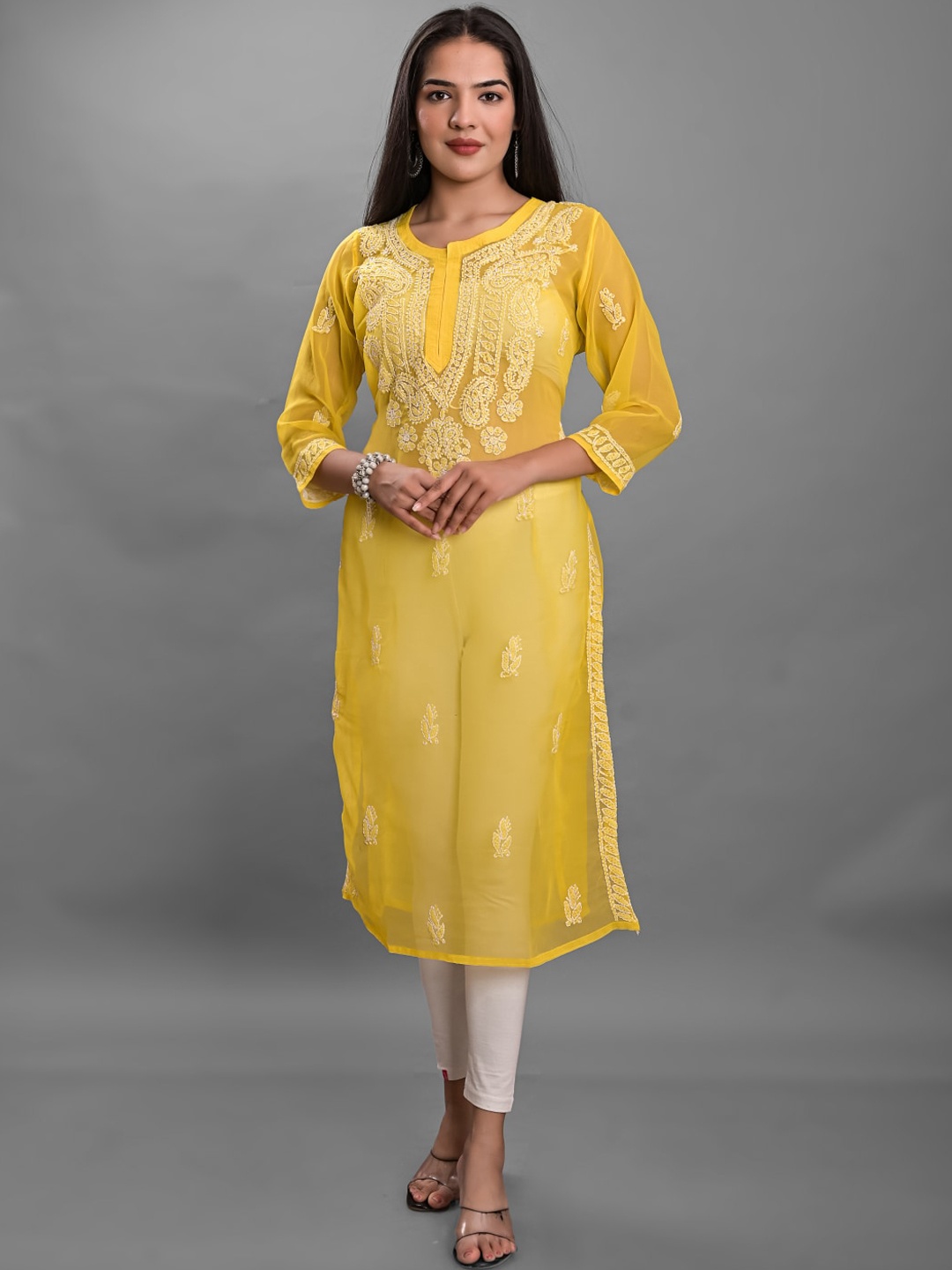 

Apratim Yellow & White Paisley Embroidered Chikankari Georgette Kurta