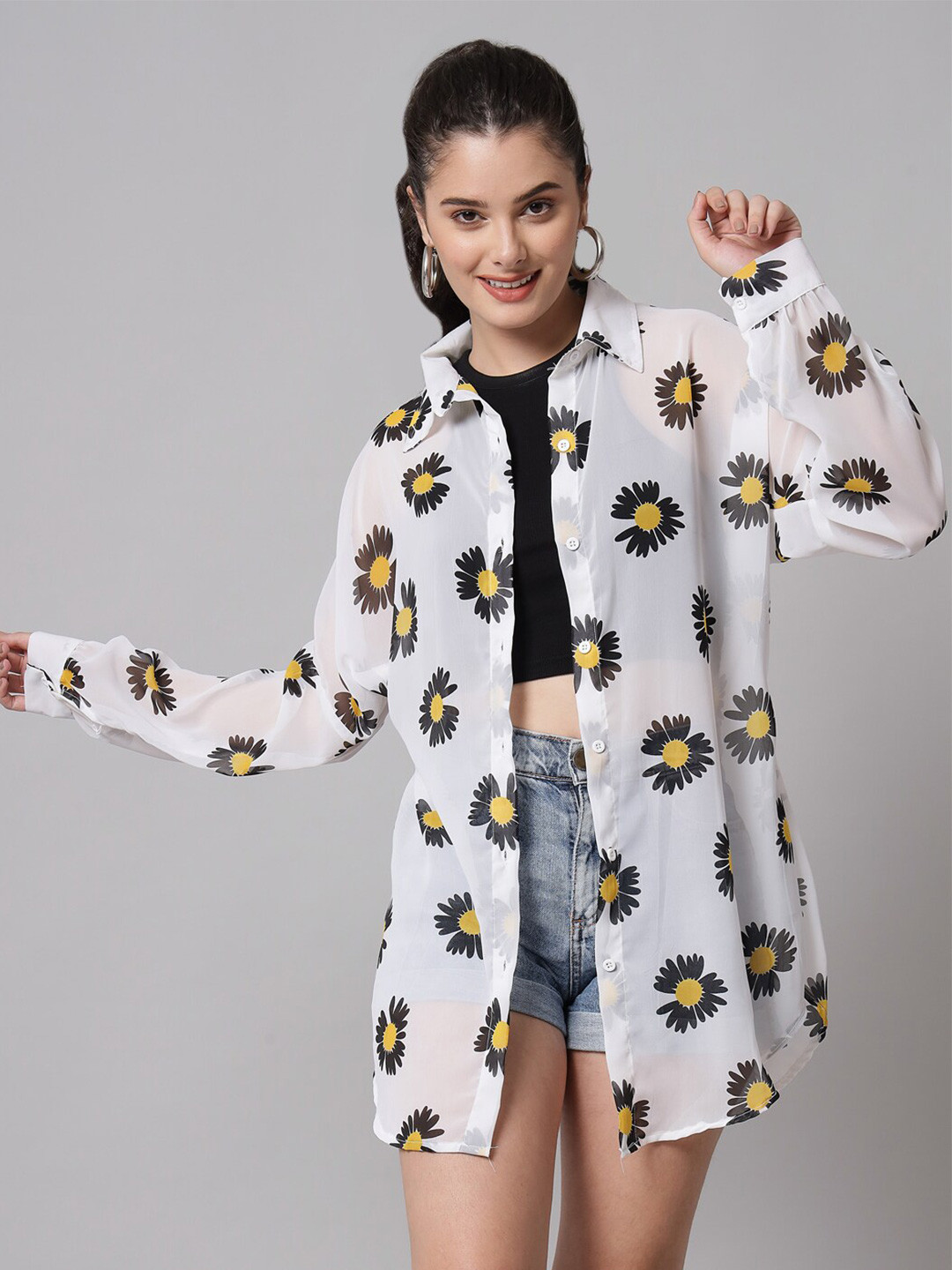 

Funday Fashion Floral Printed Boxy Casual Shirt, Black