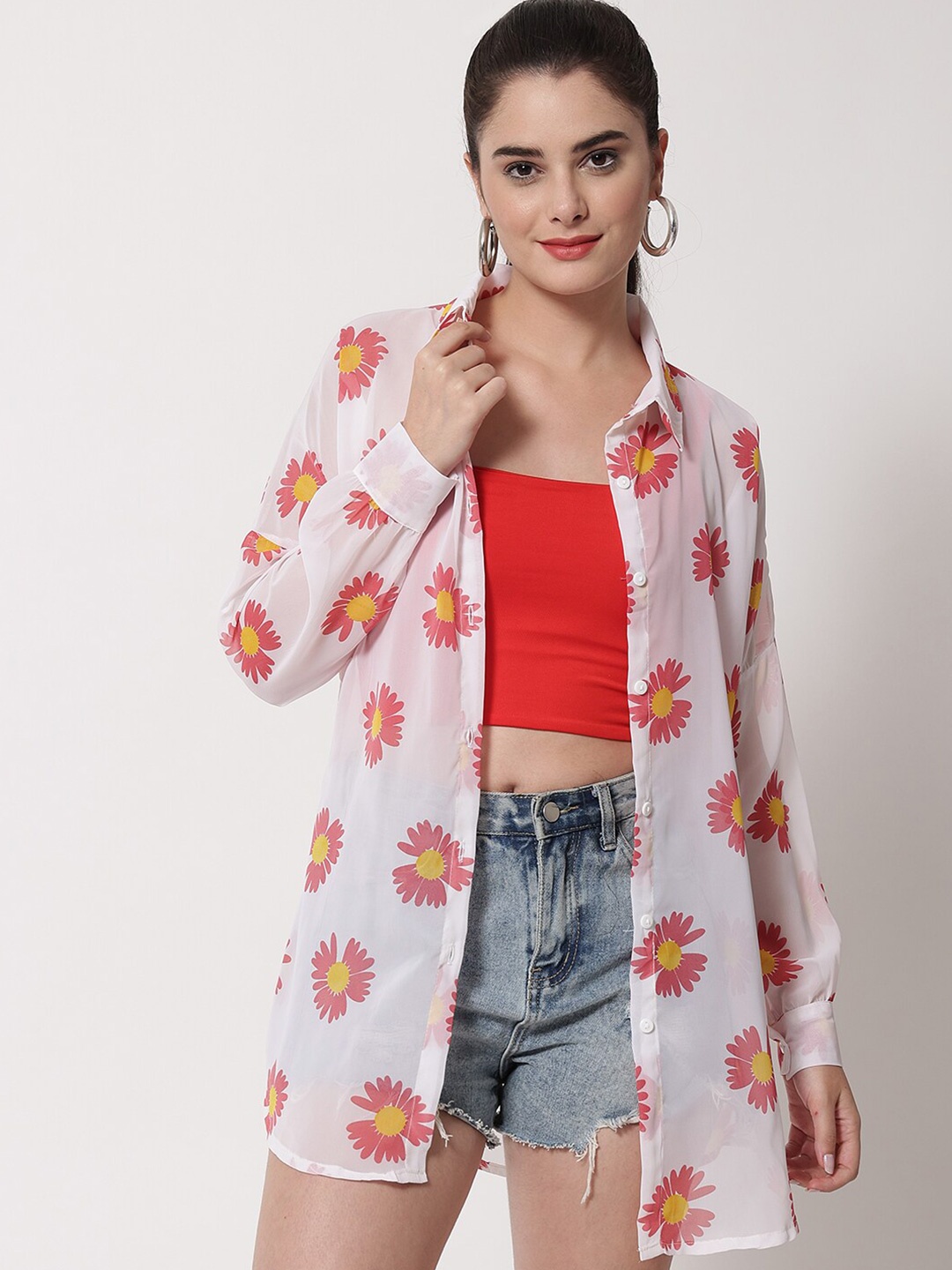 

Funday Fashion Floral Printed Boxy Casual Shirt, Red