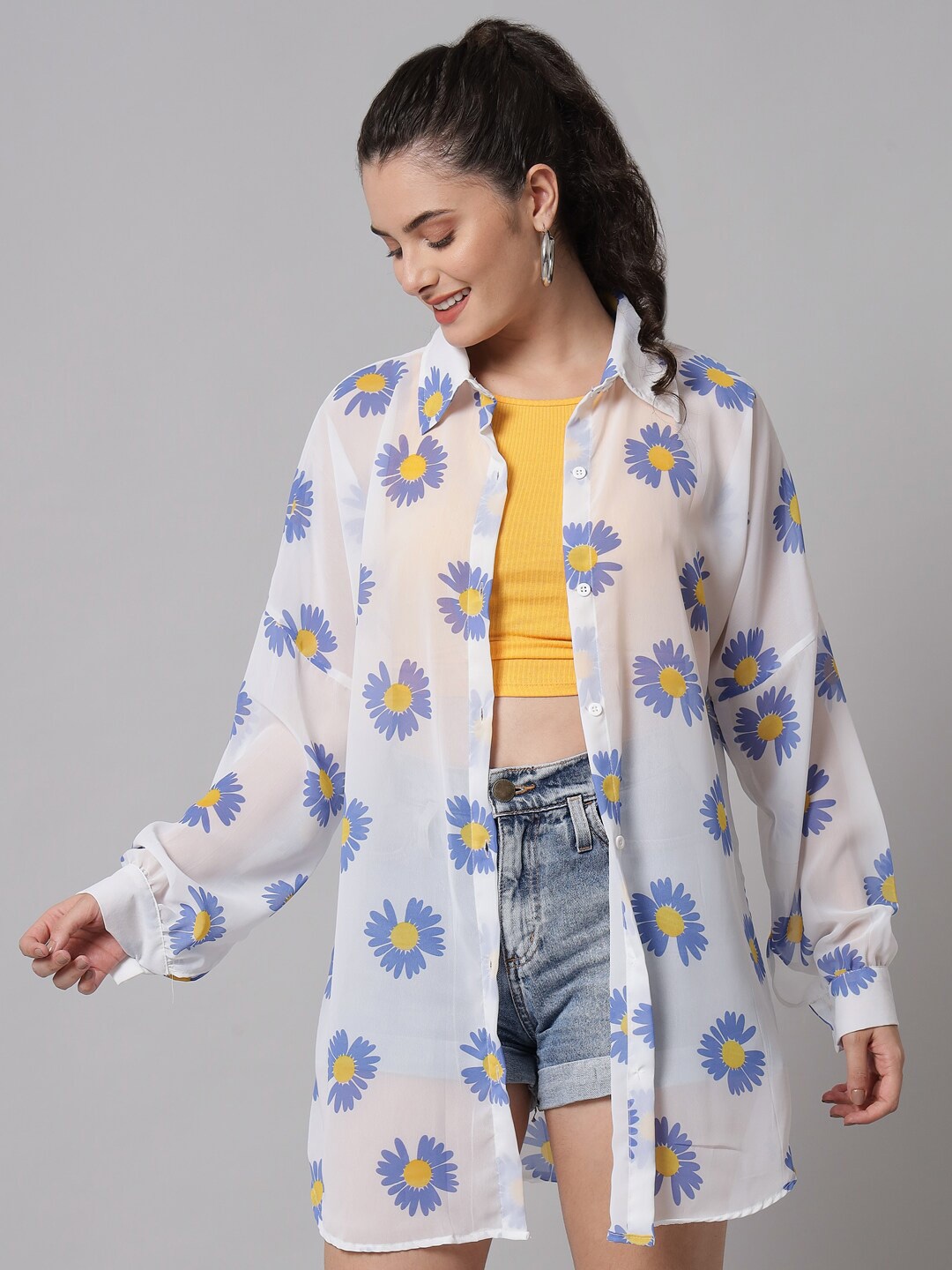 

Funday Fashion Floral Printed Boxy Casual Shirt, Blue