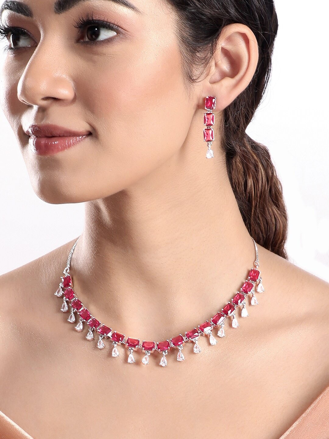 

Rubans Rhodium Plated Ruby Pink & Cubic Zirconia Studded Beaded Jewellery Set, Silver