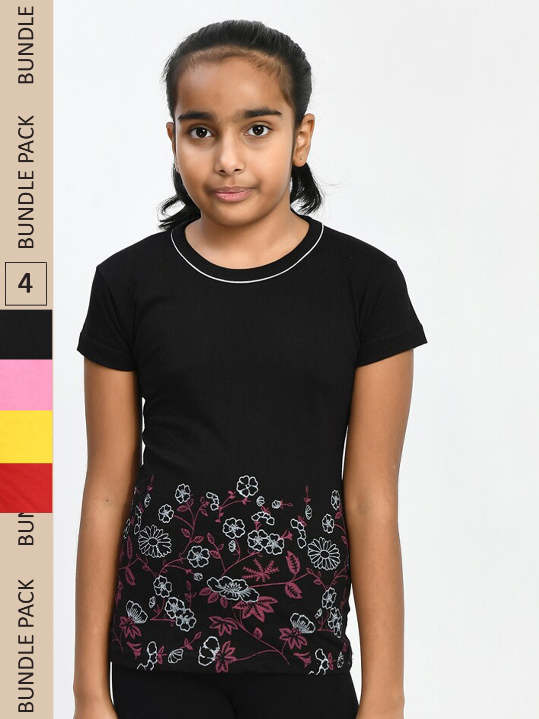 

IndiWeaves Girls Pack Of 4 Floral Printed Pure Cotton T-shirt, Black