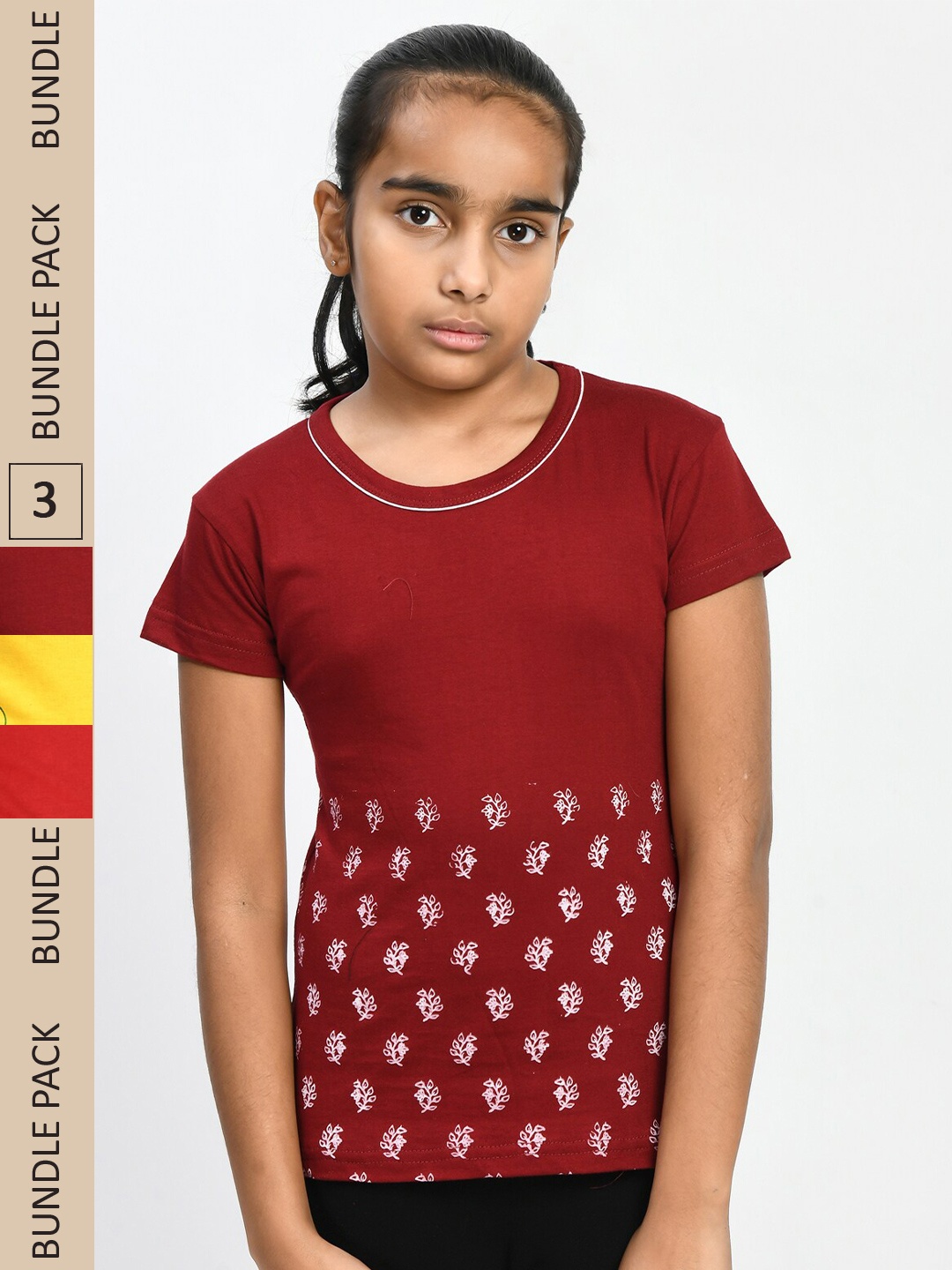 

IndiWeaves Girls Pack Of 3 Floral Printed Pure Cotton T-shirt, Maroon