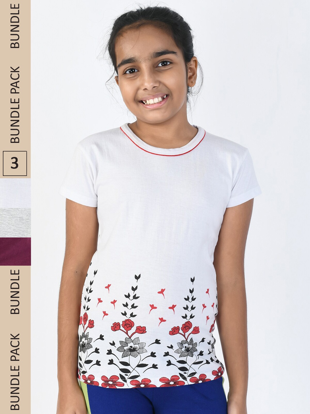 

IndiWeaves Girls Pack Of 3 Printed Cotton T-shirt, White