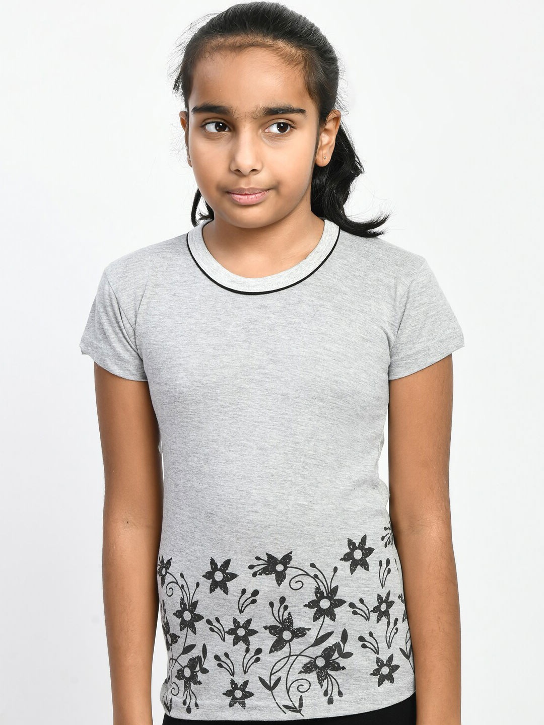 

IndiWeaves Girls Pack Of 3 Floral Printed Pure Cotton T-shirt, Grey melange