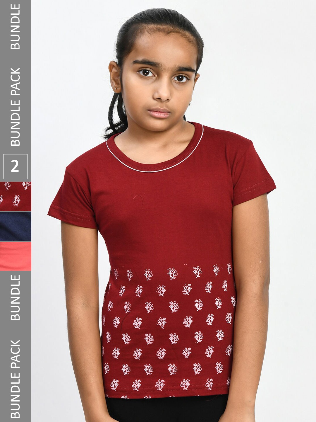 

IndiWeaves Girls Pack of 3 Floral Printed Pure Cotton T-shirts, Red
