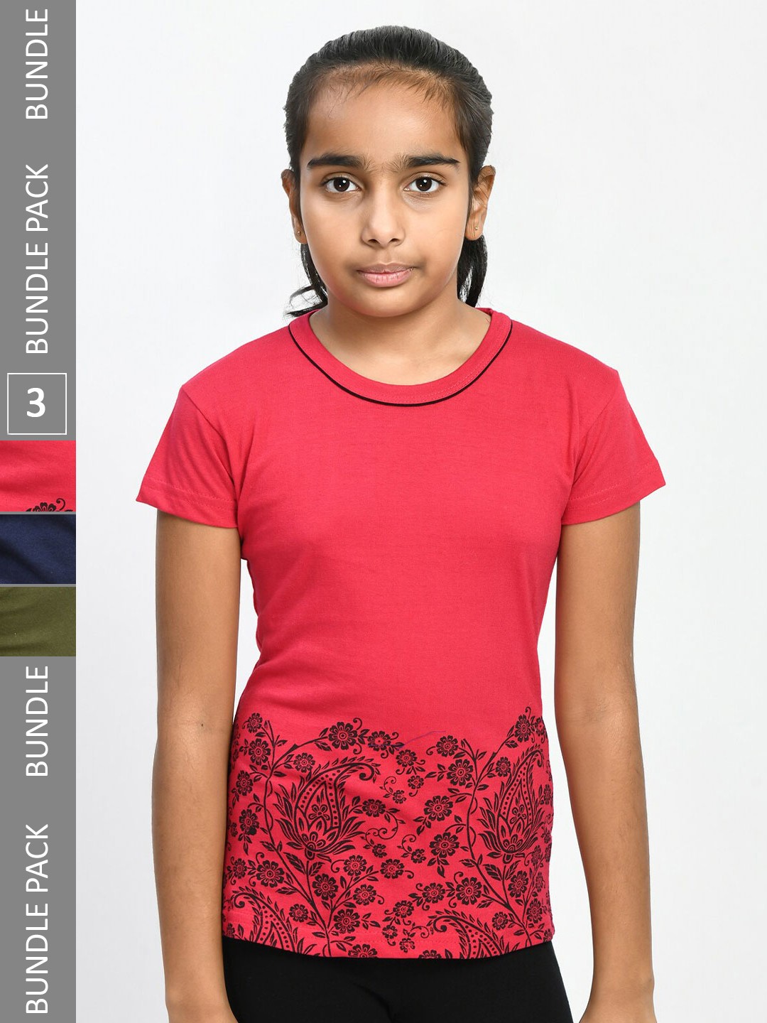 

IndiWeaves Girls Pack Of 3 Floral Printed Pure Cotton T-shirts, Pink