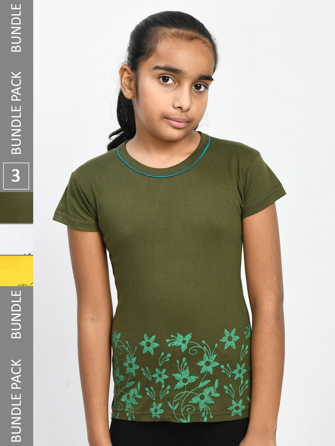 

IndiWeaves Girls Pack Of 3 Printed Pure Cotton T-shirts, Olive