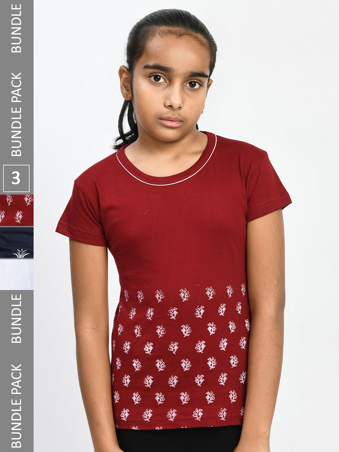 

IndiWeaves Girls Pack Of 4 Floral Printed Pure Cotton T-shirts, Maroon