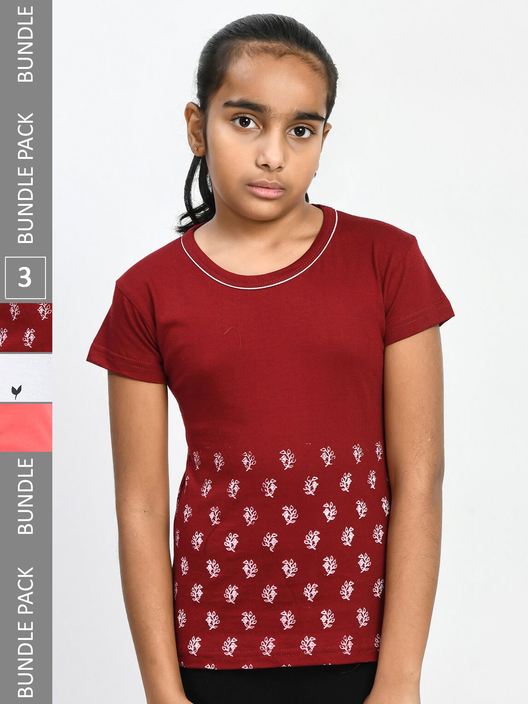 

IndiWeaves Girls Pack Of 3 Floral Printed Pure Cotton T-shirt, Maroon