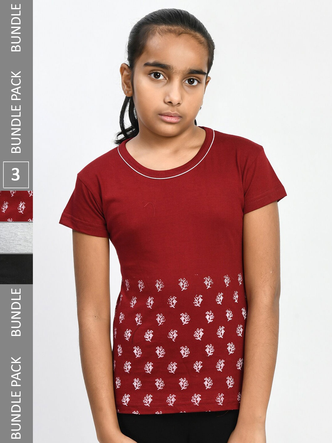 

IndiWeaves Girls Pack Of 3 Floral Printed Pure Cotton T-shirt, Maroon