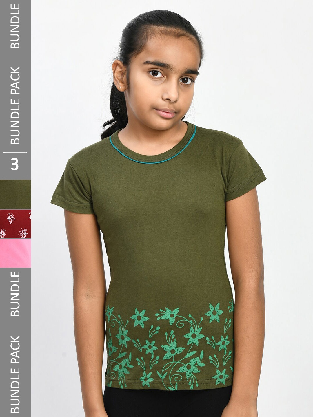 

IndiWeaves Girls Pack Of 3 Floral Printed Pure Cotton T-Shirt, Green