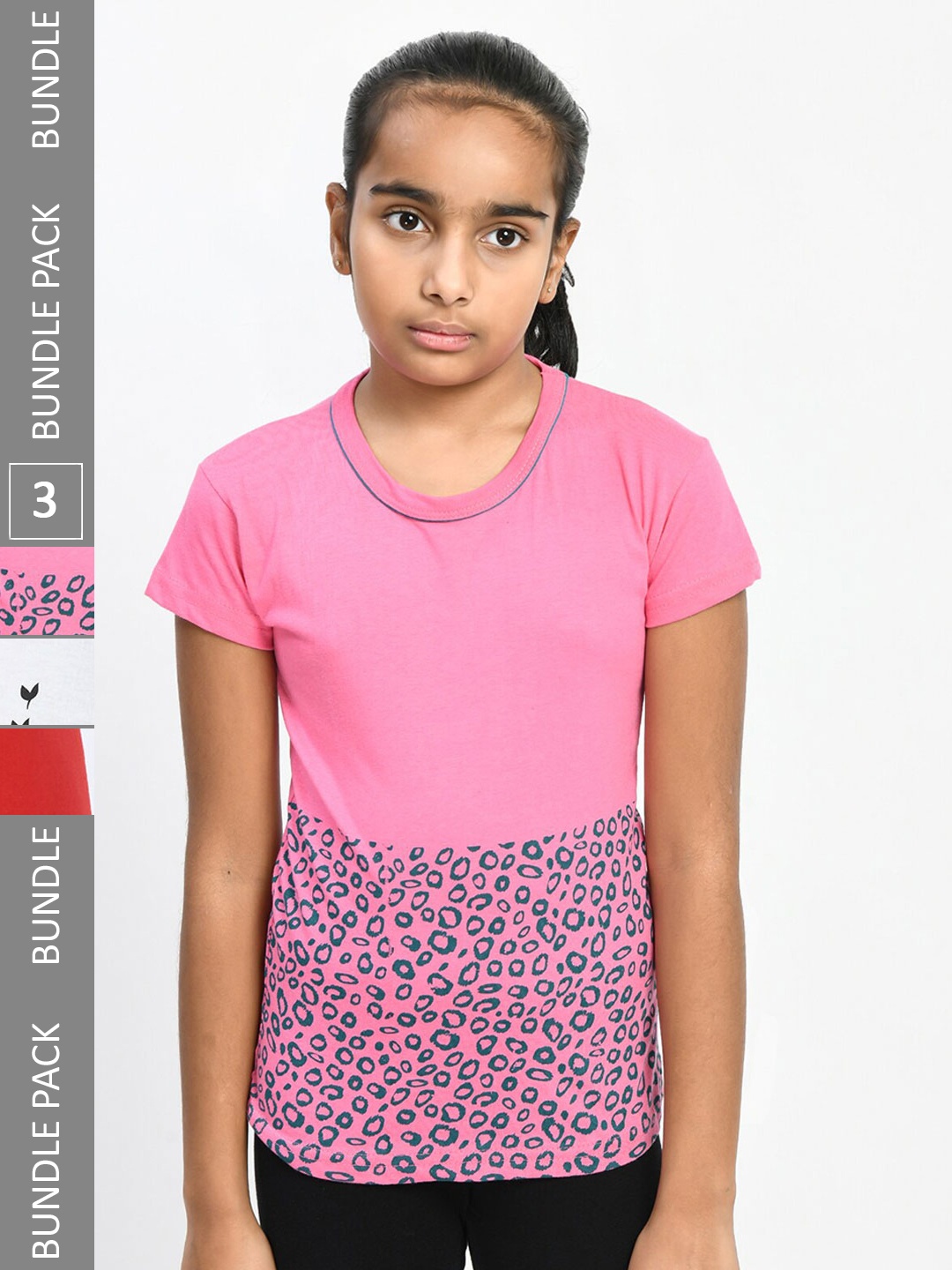 

IndiWeaves Girls Pack Of 3 Floral Printed Pure Cotton T-shirt, Pink