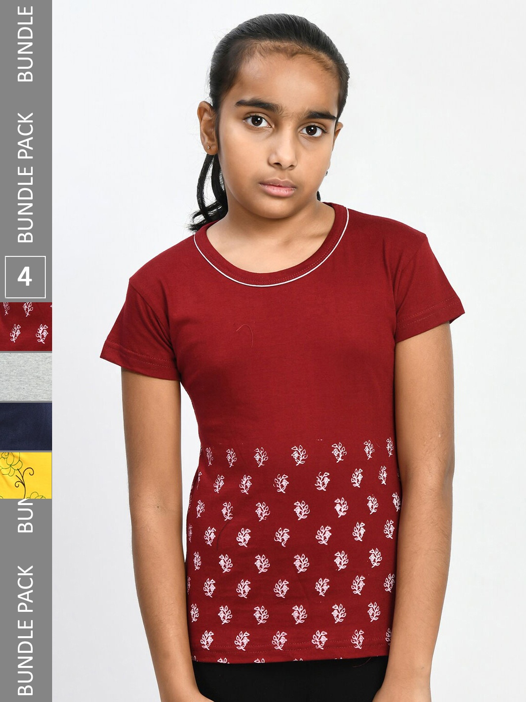 

IndiWeaves Girls Pack Of 4 Floral Printed Pure Cotton T-shirts, Maroon