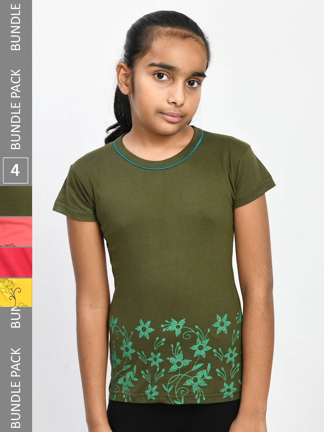 

IndiWeaves Girls Pack of 4 Floral Printed Pure Cotton T-shirts, Olive