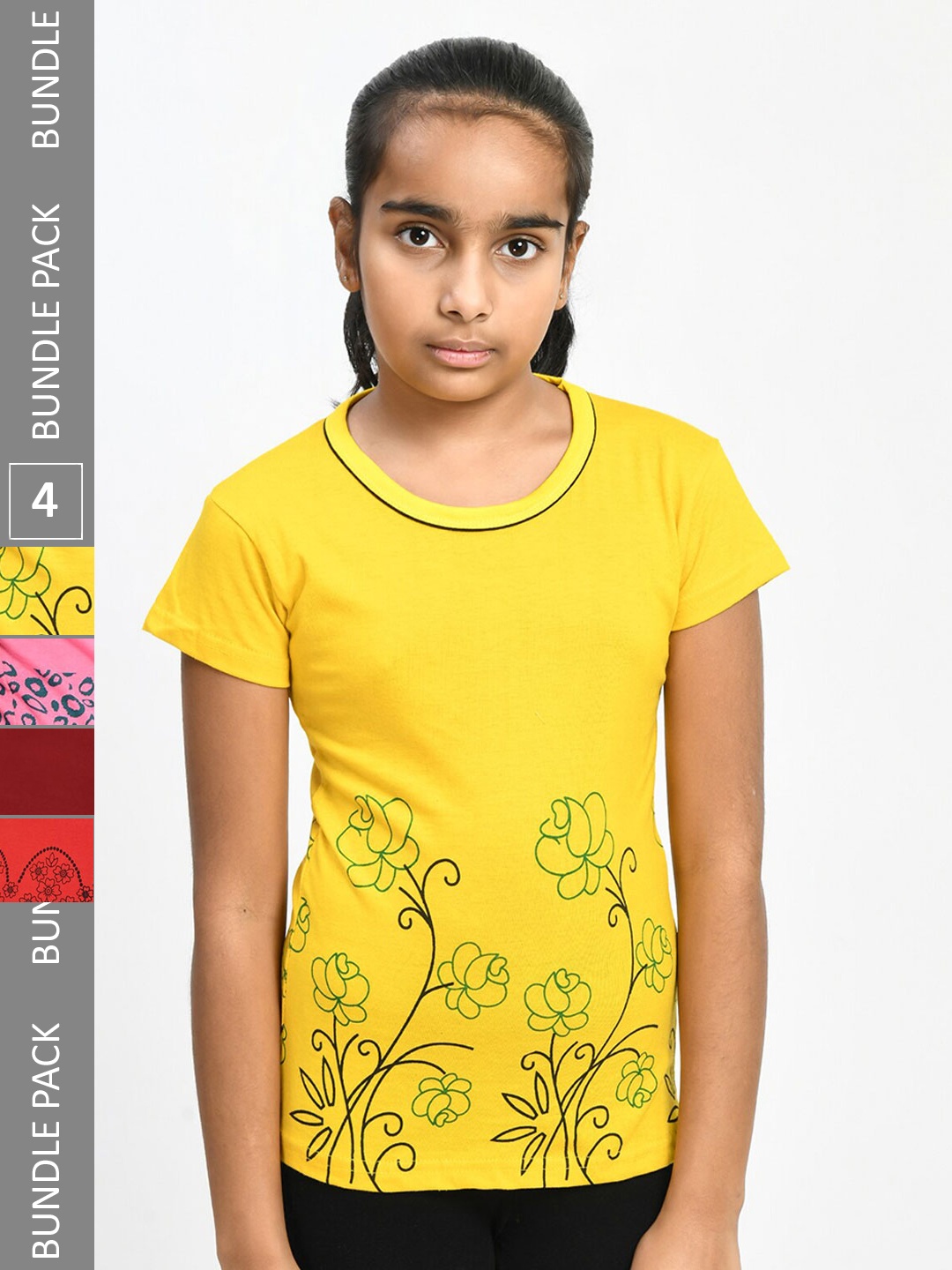 

IndiWeaves Girls Pack Of 4 Floral Printed Pure Cotton T-shirt, Yellow