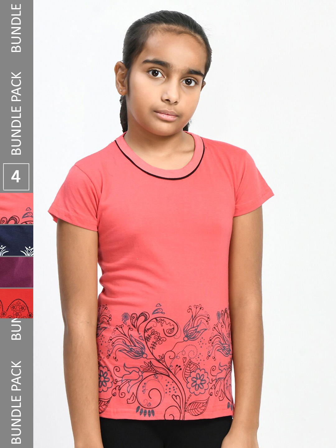

IndiWeaves Girls Pack Of 3 Floral Printed Pure Cotton T-shirts, Coral