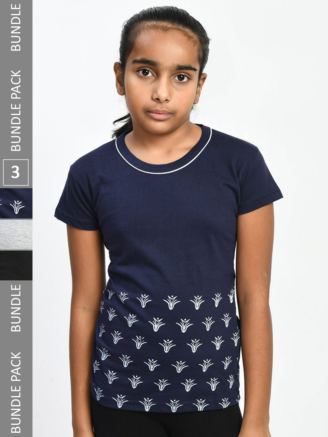 

IndiWeaves Girls Pack Of 3 Floral Printed Pure Cotton T-shirt, Grey melange