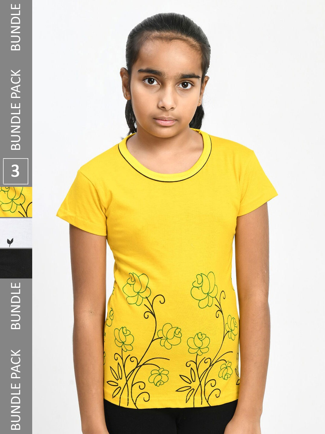

IndiWeaves Girls Pack Of 3 Floral Printed Pure Cotton T-shirt, Yellow