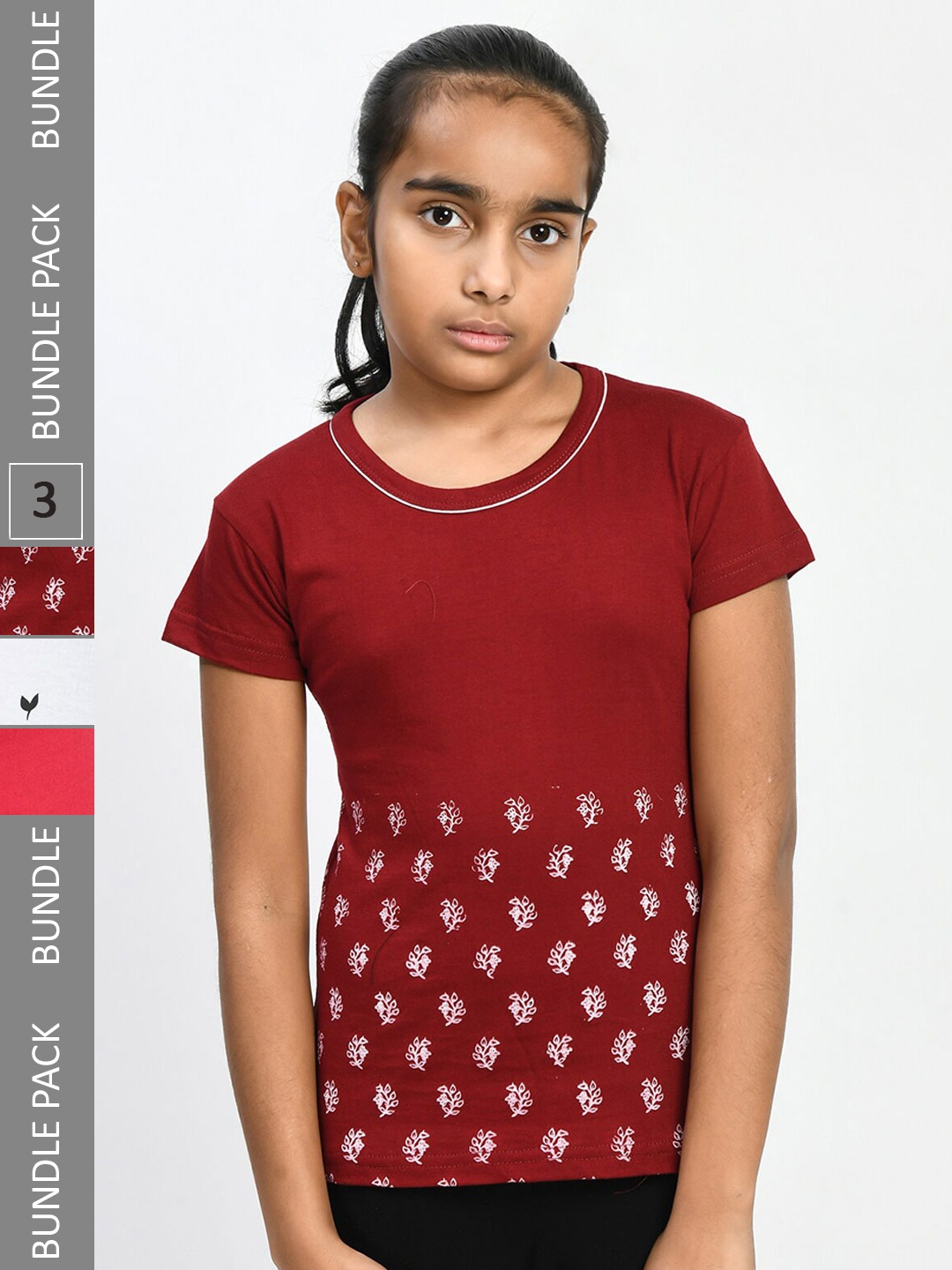 

IndiWeaves Girls Pack Of 3 Printed Pure Cotton T-shirt, Peach