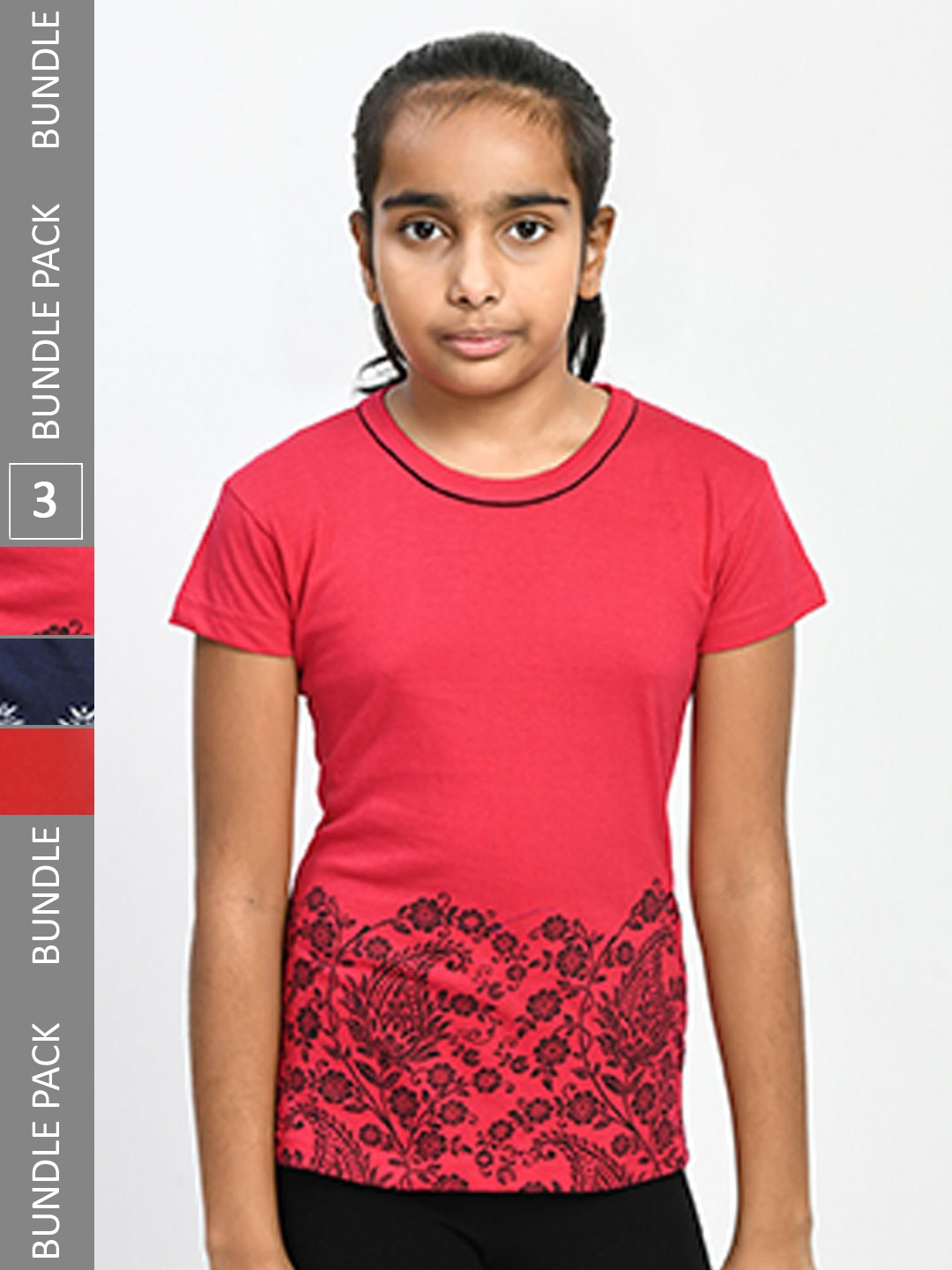 

IndiWeaves Girls Pack Of 3 Floral Printed Casual Pure Cotton T-shirts, Coral