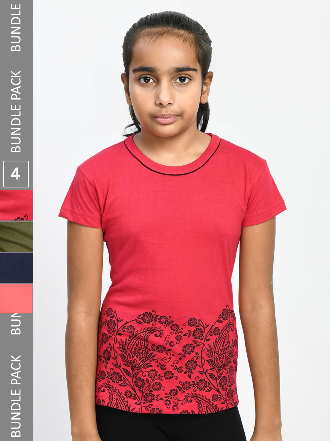 

IndiWeaves Girls Pack Of 3 Printed Pure Cotton T-shirt, Peach