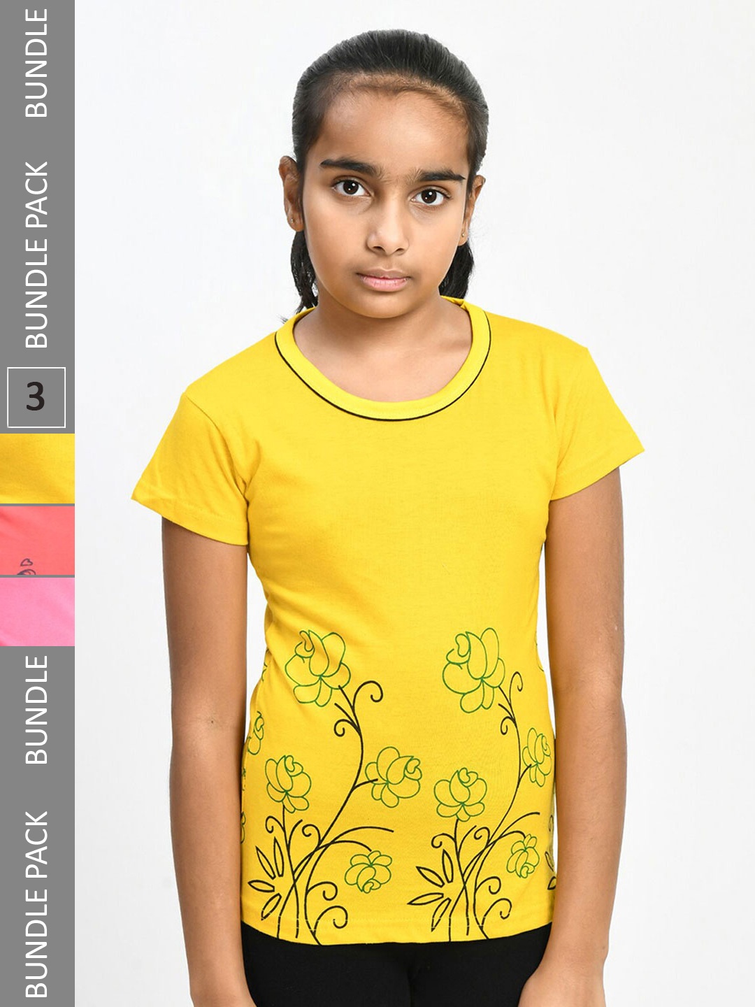 

IndiWeaves Girls Multicoloured 3 Applique T-shirt, Multi