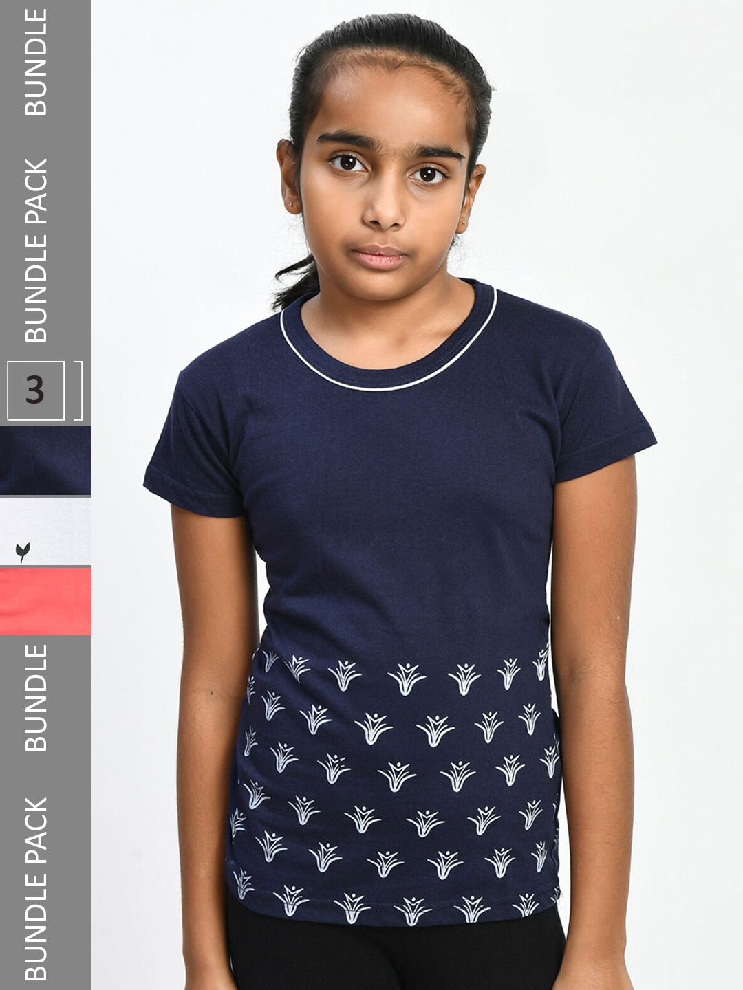 

IndiWeaves Girls Pack Of 3 Printed Pure Cotton T-shirt, Navy blue