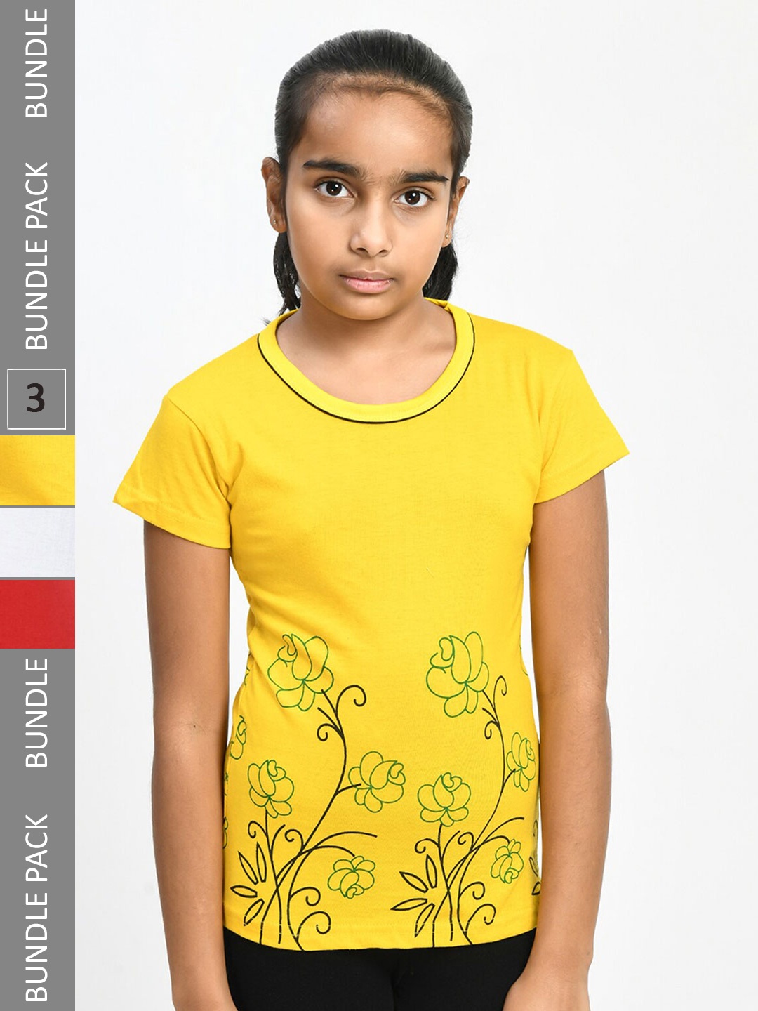 

IndiWeaves Girls Pack Of 3 Floral Printed Pure Cotton T-shirt, Yellow