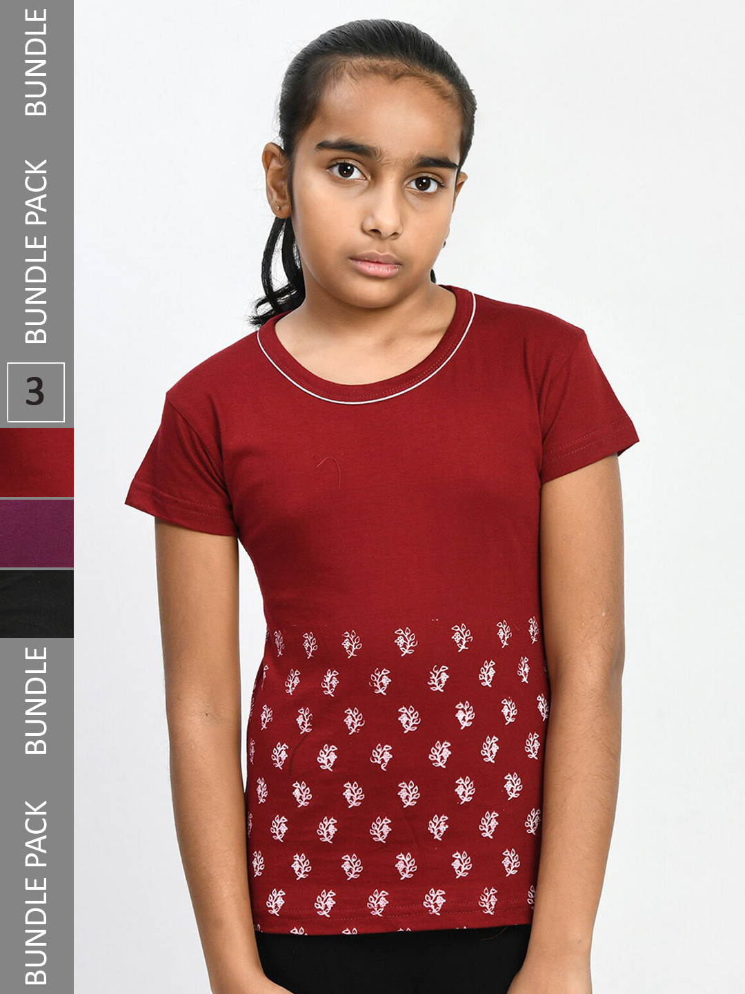 

IndiWeaves Girls Pack of 3 Printed Pure Cotton T-shirts, Maroon