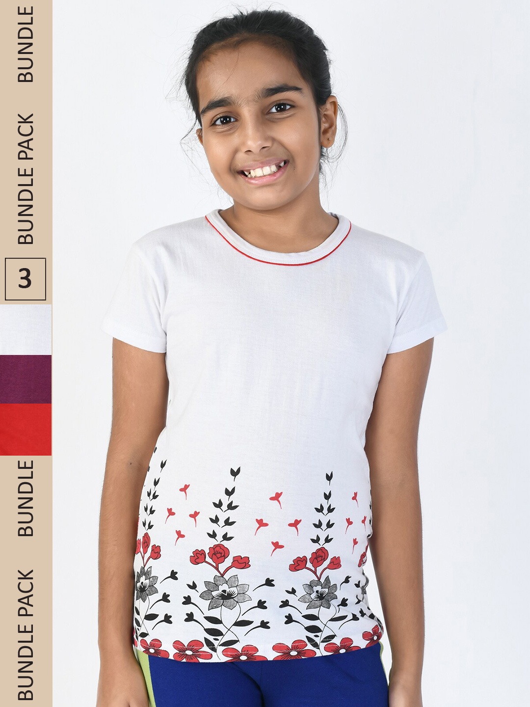 

IndiWeaves Girls Pack Of 3 Floral Printed Casual Pure Cotton T-shirts, White