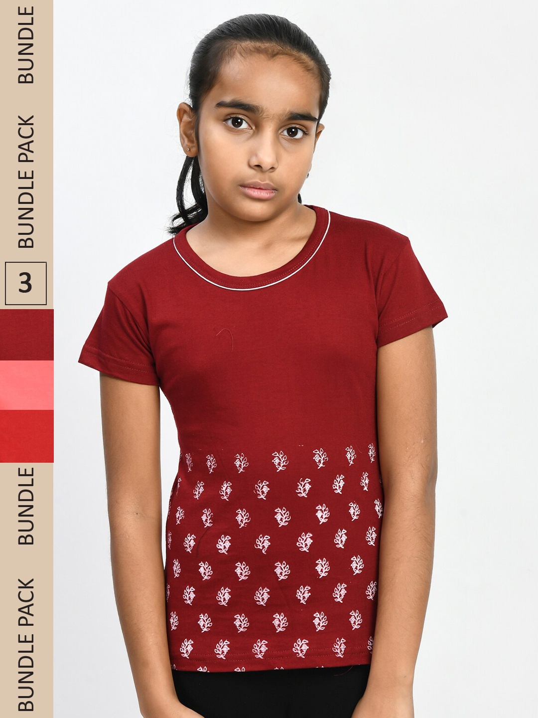 

IndiWeaves Girls Pack Of 3 Printed Pure Cotton T-shirt, Red