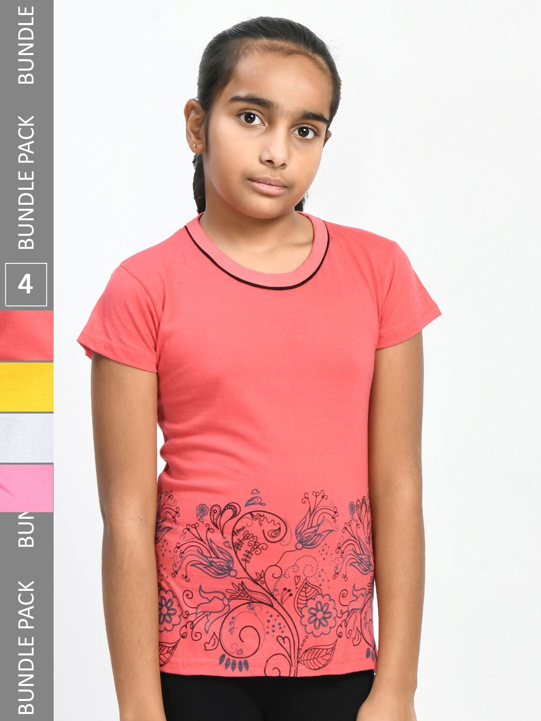 

IndiWeaves Girls Pack Of 4 Floral Printed Pure Cotton T-shirt, Coral