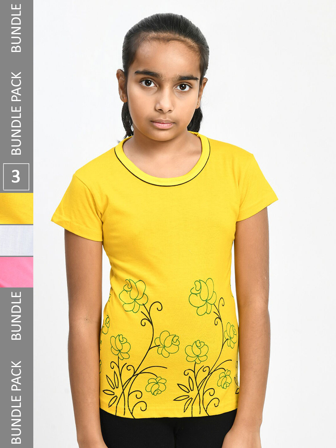 

IndiWeaves Girls Pack Of 3 Floral Printed Pure Cotton T-shirt, Yellow