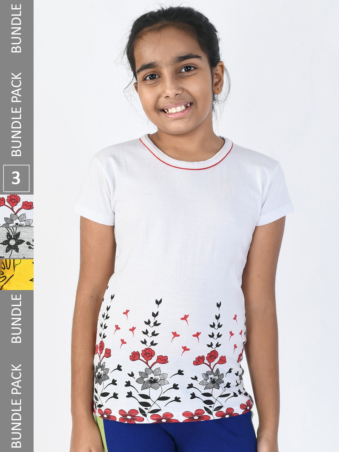 

IndiWeaves Girls Pack Of 3 Printed Pure Cotton T-shirt, White