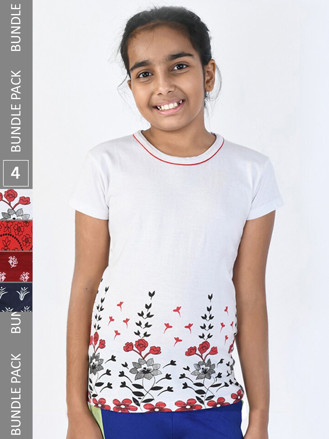 

IndiWeaves Girls Pack Of 4 Floral Printed Pure Cotton T-shirt, White