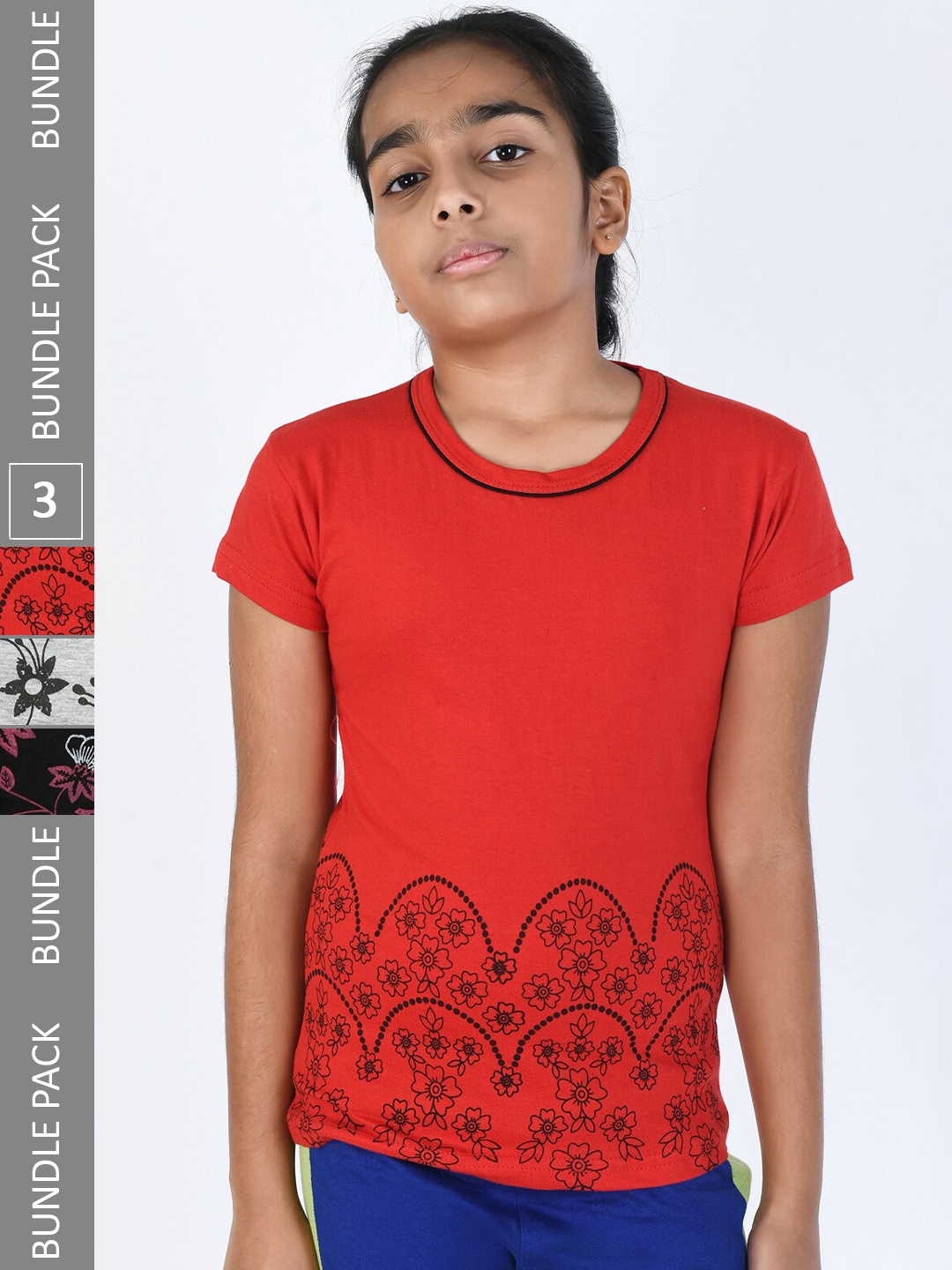 

IndiWeaves Girls Pack Of 3 Printed Cotton T-shirt, Red