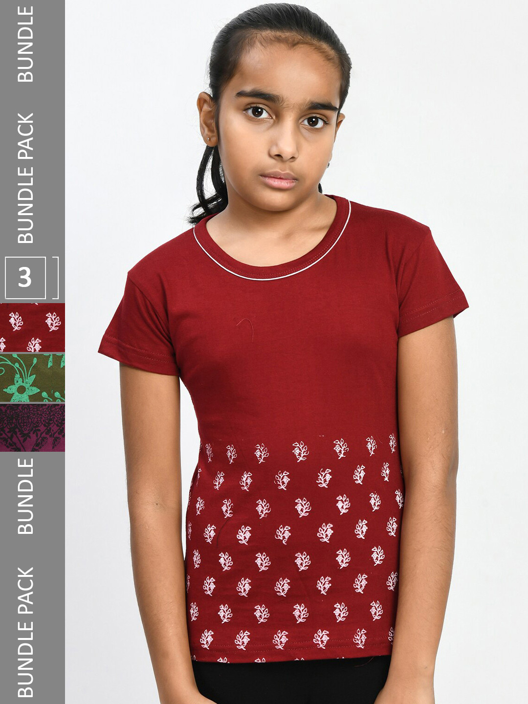 

IndiWeaves Girls Pack Of 3 Printed Cotton T-shirt, Maroon