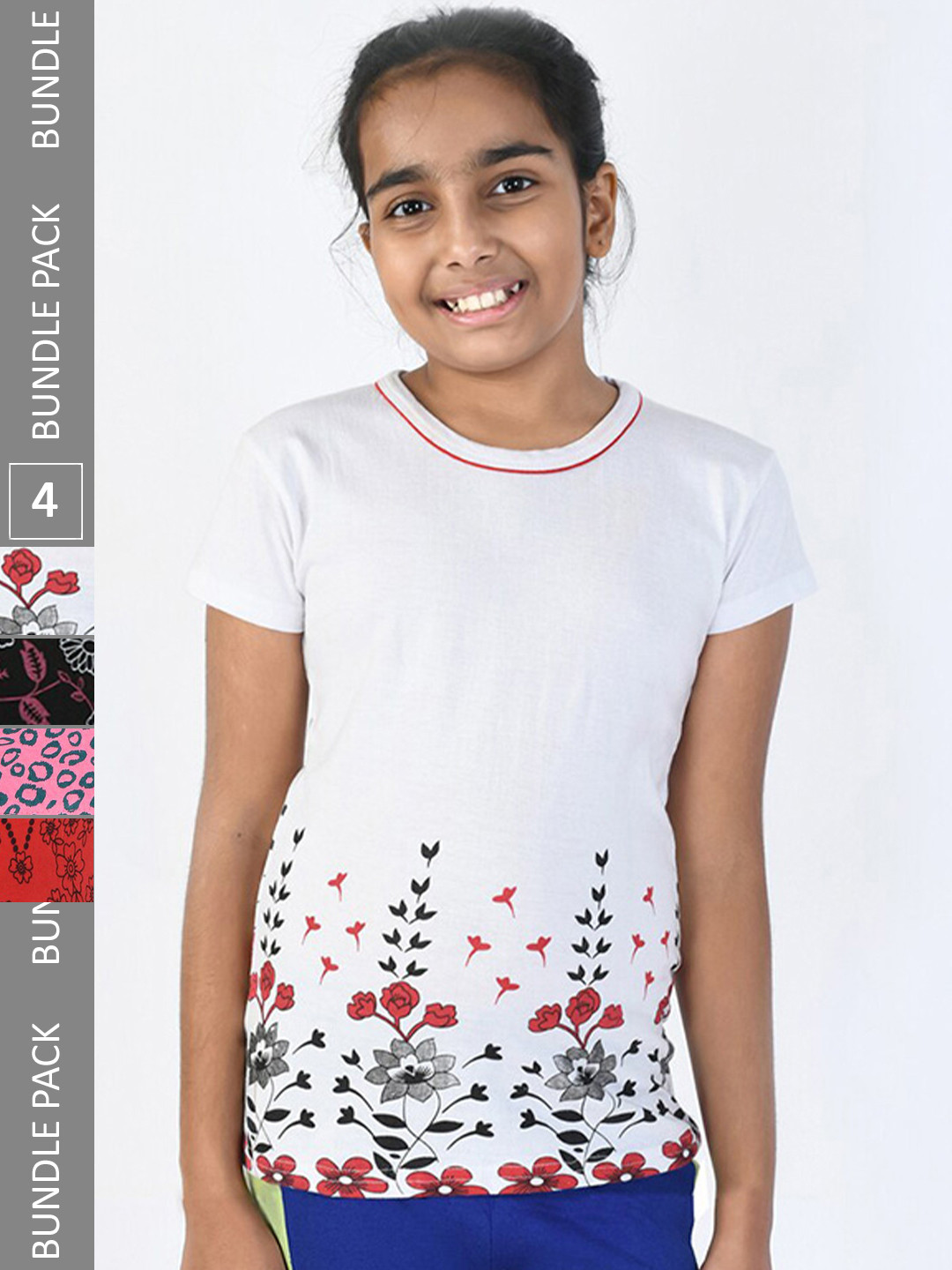 

IndiWeaves Girls Pack Of 4 Floral Printed Casual Pure Cotton T-shirts, White