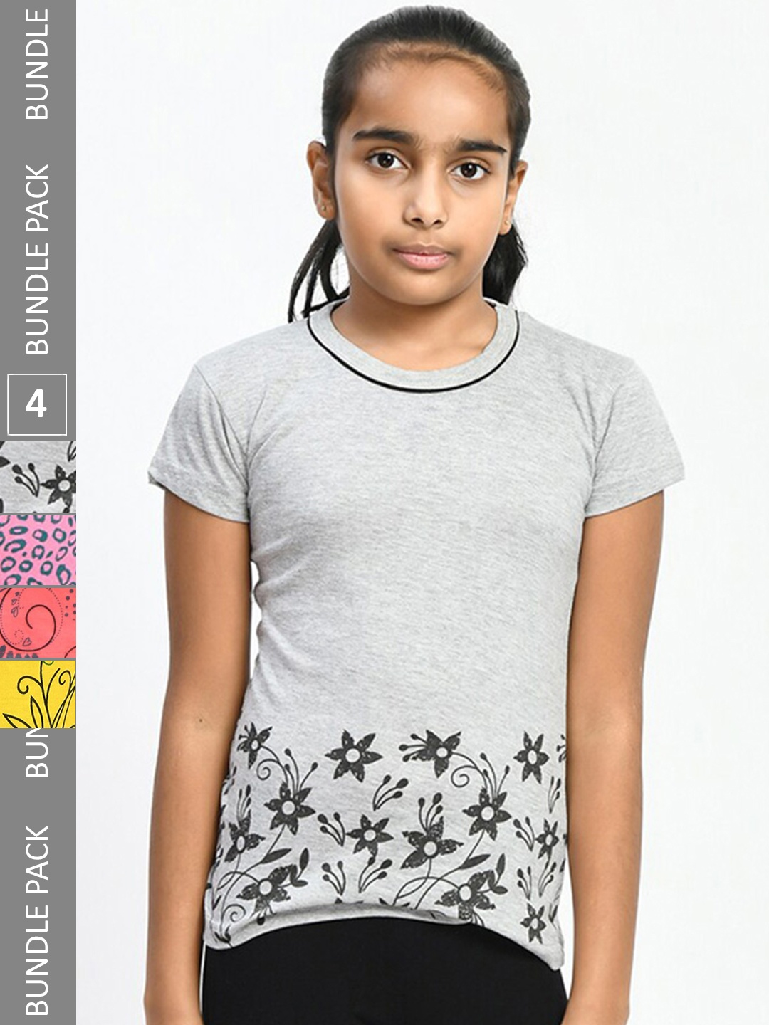 

IndiWeaves Girls Pack Of 4 Printed Pure Cotton T-shirt, Grey