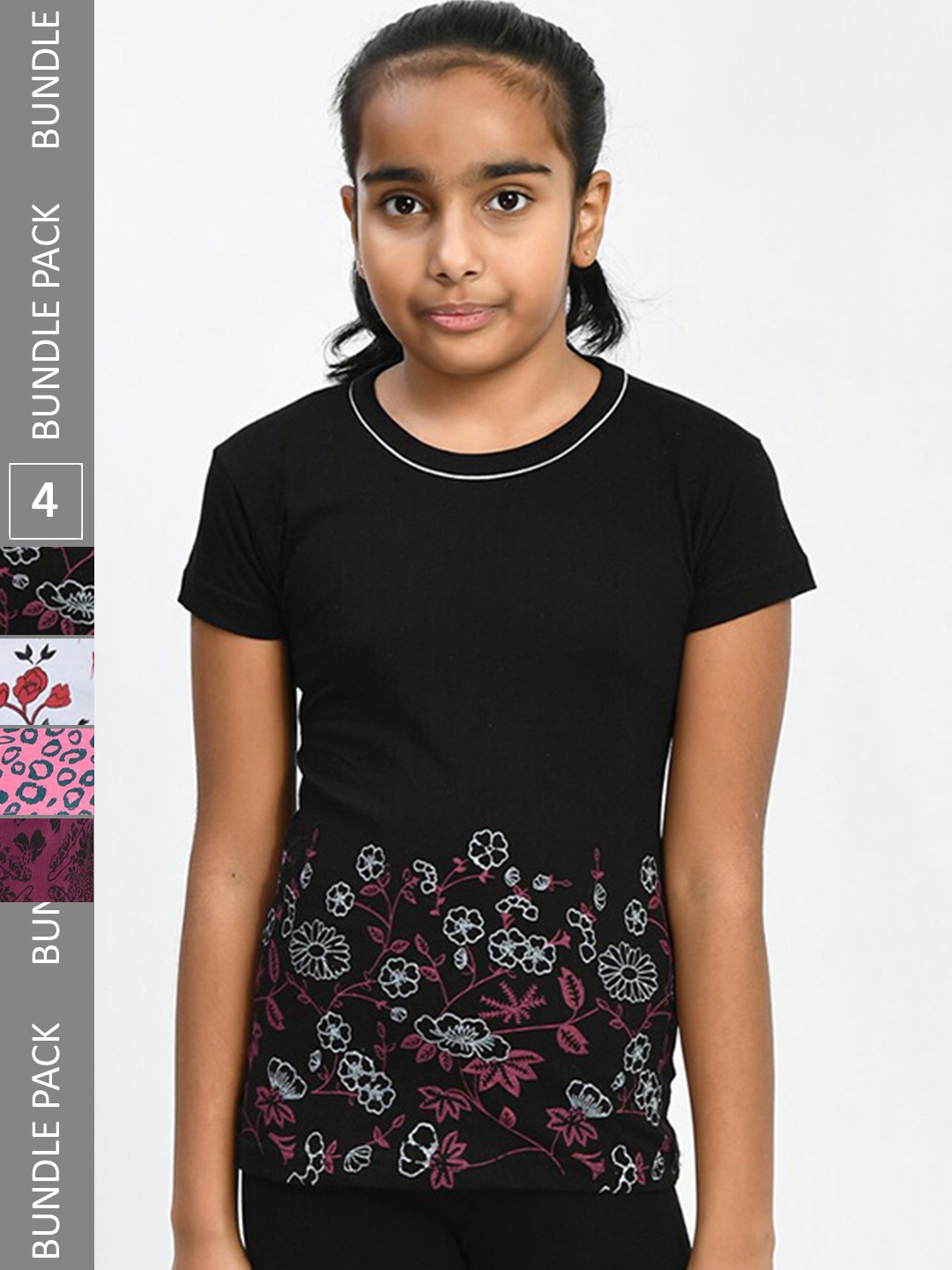 

IndiWeaves Girls Pack Of 4 Floral Printed Pure Cotton T-shirt, Black