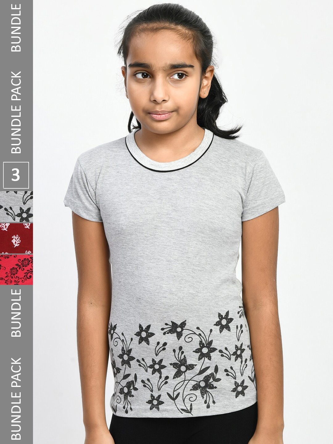 

IndiWeaves Girls Pack of 3 Floral Printed Pure Cotton T-shirts, Grey