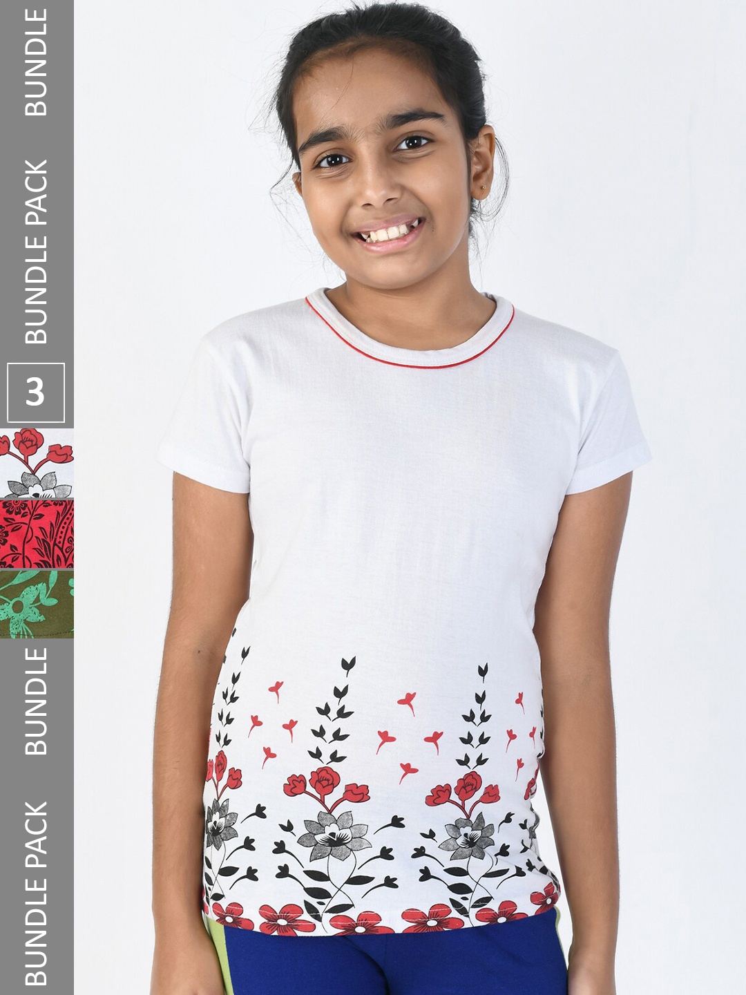 

IndiWeaves Girls Pack Of 3 Printed Pure Cotton T-shirt, White