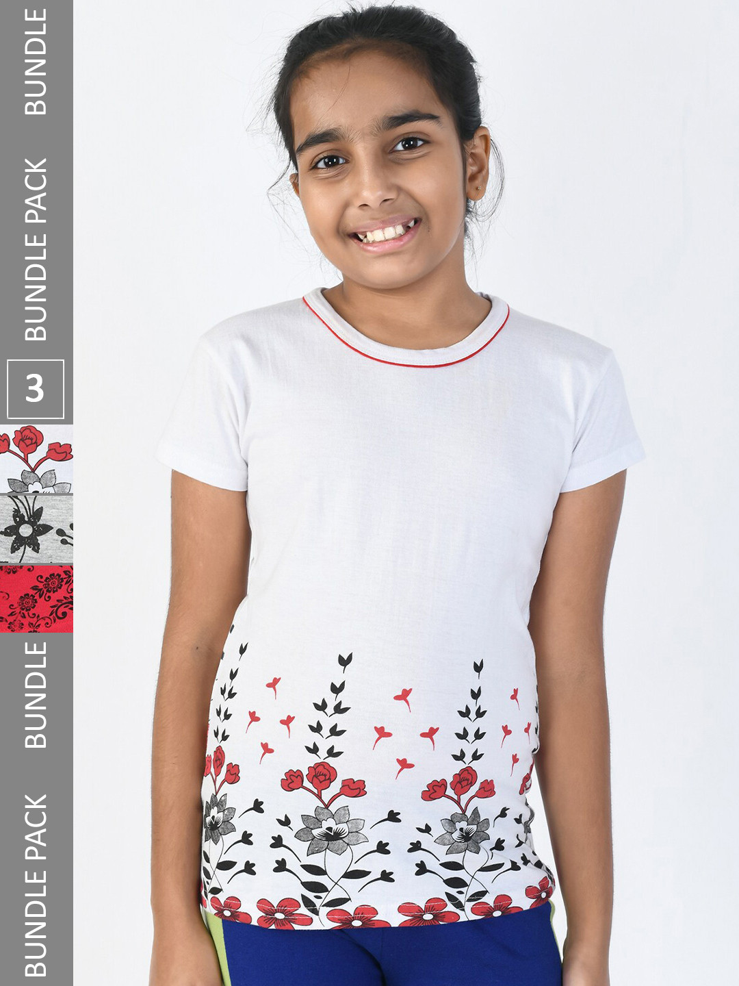 

IndiWeaves Girls Pack Of 3 Printed Pure Cotton T-shirt, White