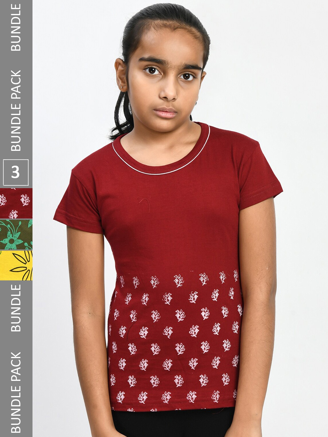 

IndiWeaves Girls Pack Of 3 Floral Printed Pure Cotton T-shirts, Maroon