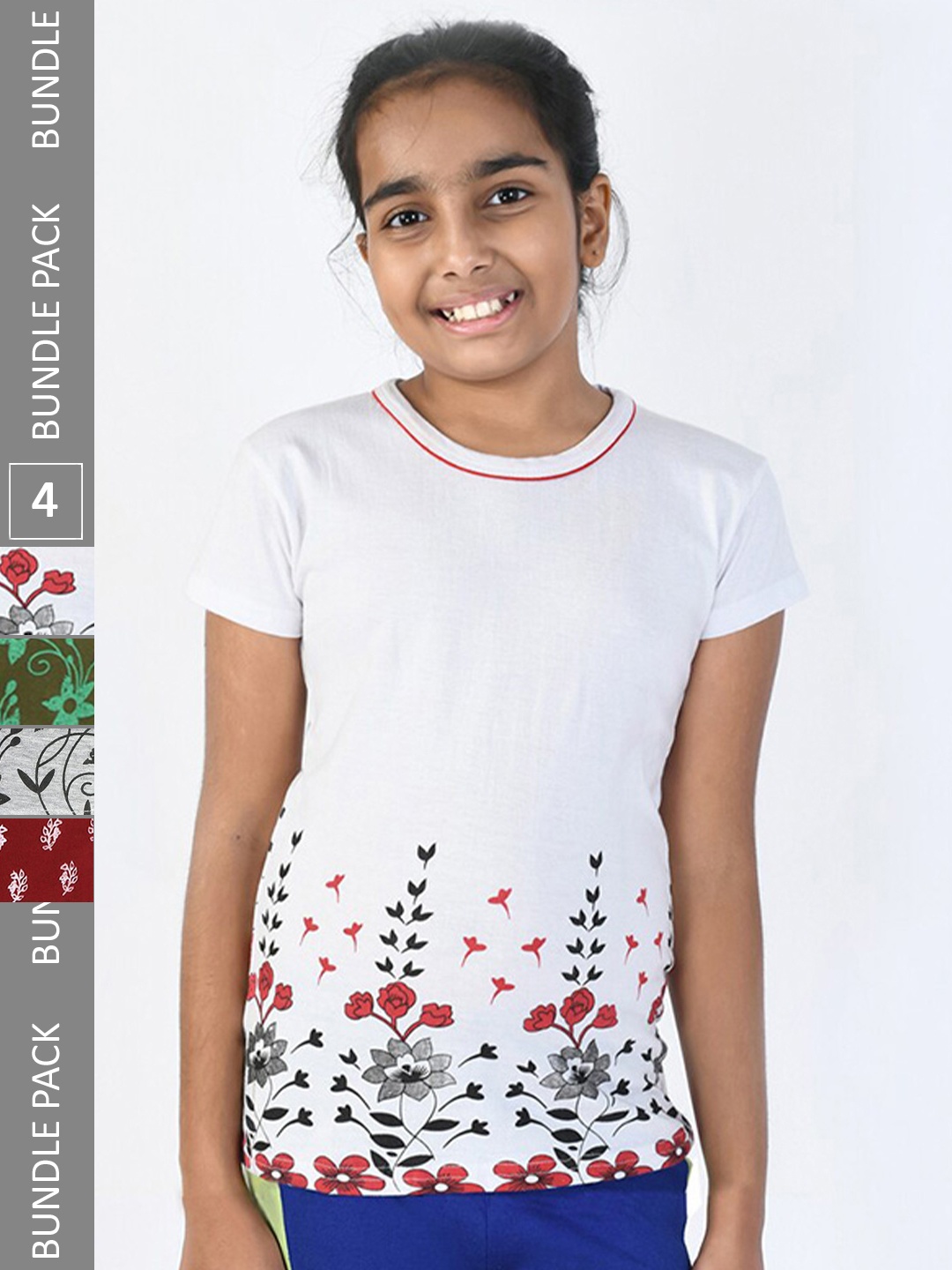 

IndiWeaves Girls Pack of 4 Printed Pure Cotton T-shirts, White