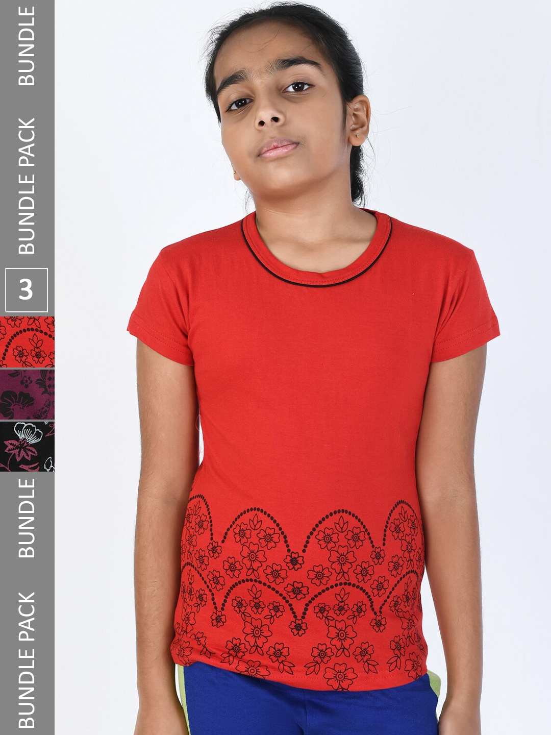 

IndiWeaves Girls Pack of 3 Printed Pure Cotton T-shirts, Orange